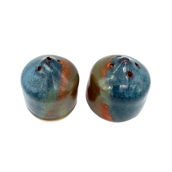 Handmade Ceramic Salt & Pepper Shakers Blue Brown Green Glaze By Kaye Chard - Picture 5 of 9